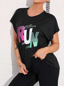 Easithlete Slogan Graphic Batwing Sleeve Sports Tee - Black - View 4