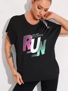 Easithlete Slogan Graphic Batwing Sleeve Sports Tee - Black - View 5