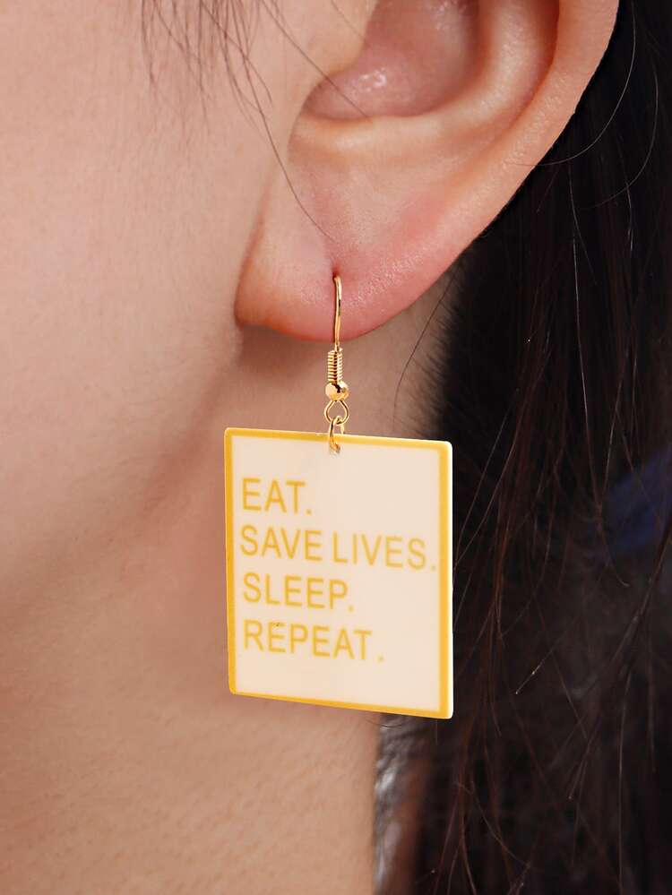 Slogan Graphic Square Drop Earrings
