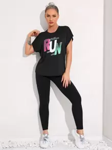 Easithlete Slogan Graphic Batwing Sleeve Sports Tee - Black - View 6