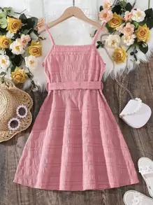 SHEIN Niñas Vestido de tirantes con lazo delantero con cinturón - Rosa vieja - Ver 2