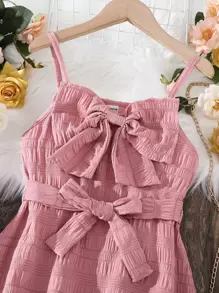 SHEIN Niñas Vestido de tirantes con lazo delantero con cinturón - Rosa vieja - Ver 3