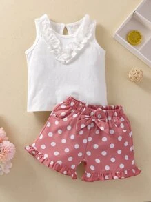 Shorts con lazo delantero de lunares con tank top ribete fruncido - Multicolor - Ver 1