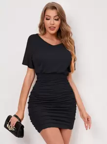 INAWLY Vestido unicolor de manga murciélago fruncido - Negro - Ver 3