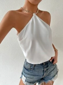 SHEIN Privé Solid Chain Detail Halter Top - White - View 5