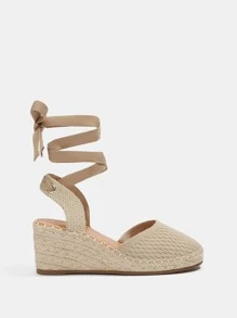 Minimalist Knit Tie Leg Wedge Shoes - Apricot - View 2
