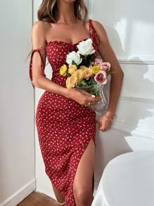 Pariaura 碎花系带肩部开叉吊带连衣裙酒红色长款女装