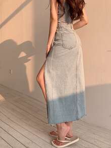 補丁貼高開衩毛邊牛仔半身裙