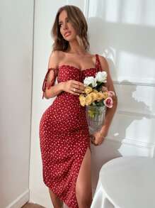 Pariaura 碎花系带肩部开叉吊带连衣裙酒红色长款女装