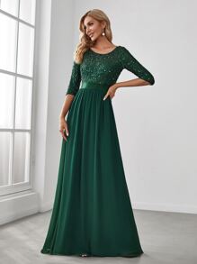Colorblock Sequin Chiffon Formal Gown, Suitable For Wedding Guest, Graduation Ceremony, Gala Dinner, Party And Other Formal Occasions - Dark Green - View 3