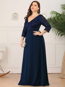 EVERPRETTY Plus Size V-Neck Sequin Contrast Color Chiffon Navy Blue Evening Dress, Formal Wedding Guest Dress For Autumn, Graduation Ceremony, Gala Dinner, Mother Of The Bride, Valentine's Day Glam Dresses - Navy Blue - View 4