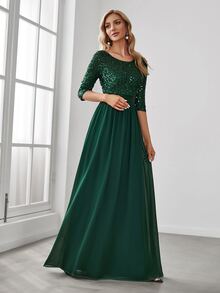 Colorblock Sequin Chiffon Formal Gown, Suitable For Wedding Guest, Graduation Ceremony, Gala Dinner, Party And Other Formal Occasions - Dark Green - View 4