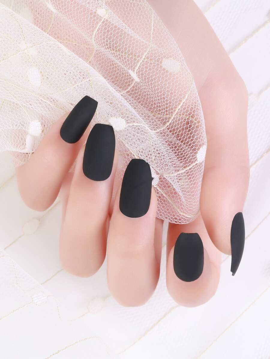 24pcs Long Coffin Fake Nail & 1pc Nail File & 1sheet Tape - Black - View 1