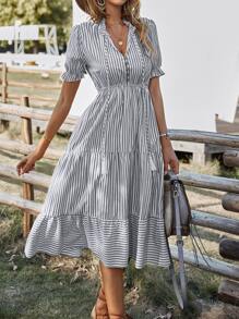 SHEIN VCAY Vertical Striped Flounce Sleeve Tassel Tie Neck Ruffle Hem Dress - Grey - View 1