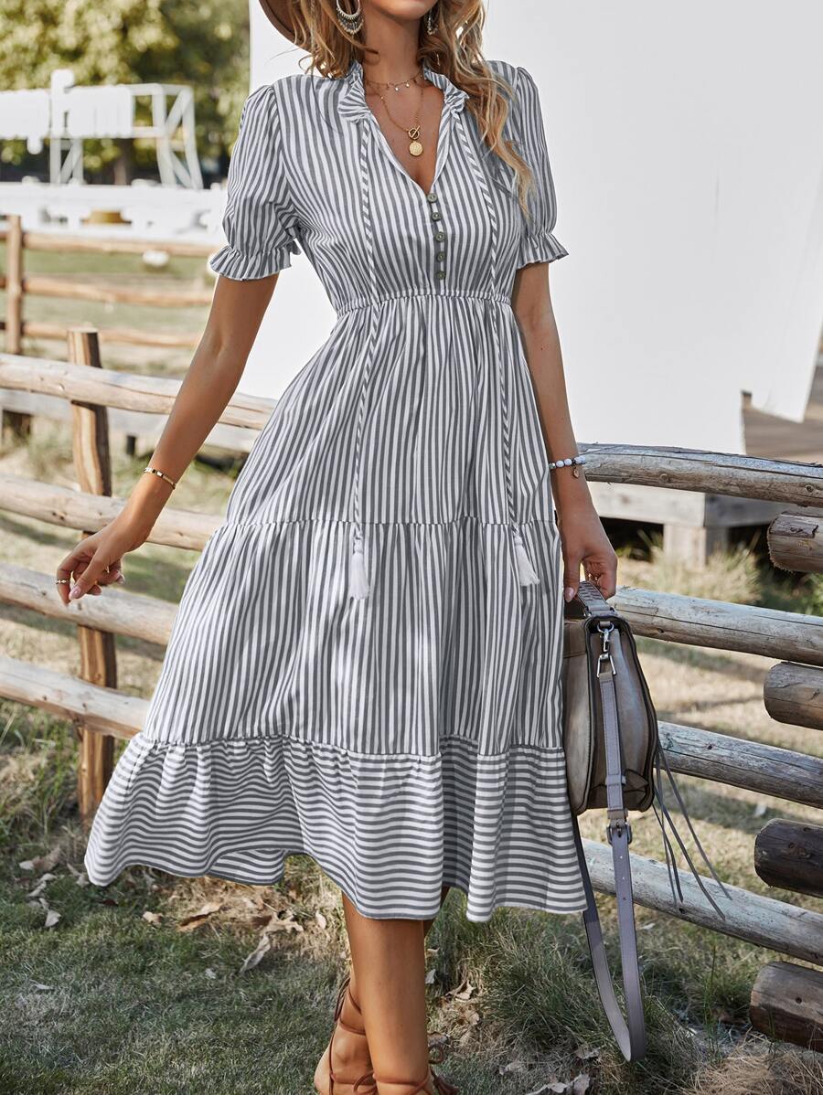SHEIN VCAY Vertical Striped Flounce Sleeve Tassel Tie Neck Ruffle Hem Dress - Grey - View 1
