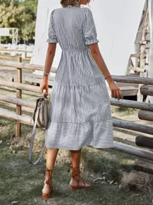 SHEIN LUNE Vestido con estampado de rayas de manga farol bajo con fruncido - Gris - Ver 2