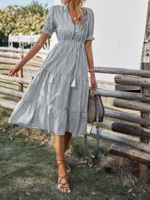 SHEIN VCAY Vertical Striped Flounce Sleeve Tassel Tie Neck Ruffle Hem Dress - Grey - View 3