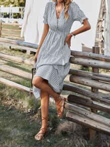 SHEIN VCAY Vertical Striped Flounce Sleeve Tassel Tie Neck Ruffle Hem Dress - Grey - View 5