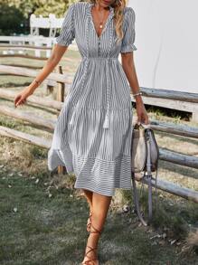 SHEIN VCAY Vertical Striped Flounce Sleeve Tassel Tie Neck Ruffle Hem Dress - Grey - View 6