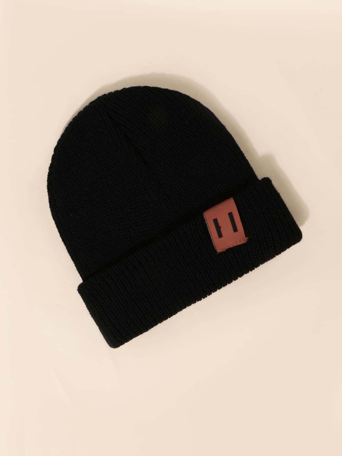 1個y2k風格的中性ski帽,帶皮革標籤,秋冬戶外活動的輕薄透氣針織帽。適用於男孩和女孩。 - 黑色 - 查看 1