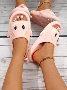 女士學院風塑膠拖鞋帶卡通鯊魚設計拖鞋 - 粉色 - 查看 2