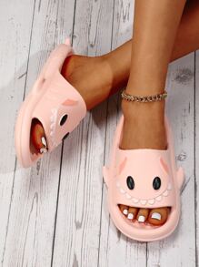 女士學院風塑膠拖鞋帶卡通鯊魚設計拖鞋 - 粉色 - 查看 3
