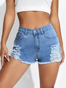 Shorts en mezclilla desgarro ribete sin dobladillo - Azul lavado medio - Ver 4