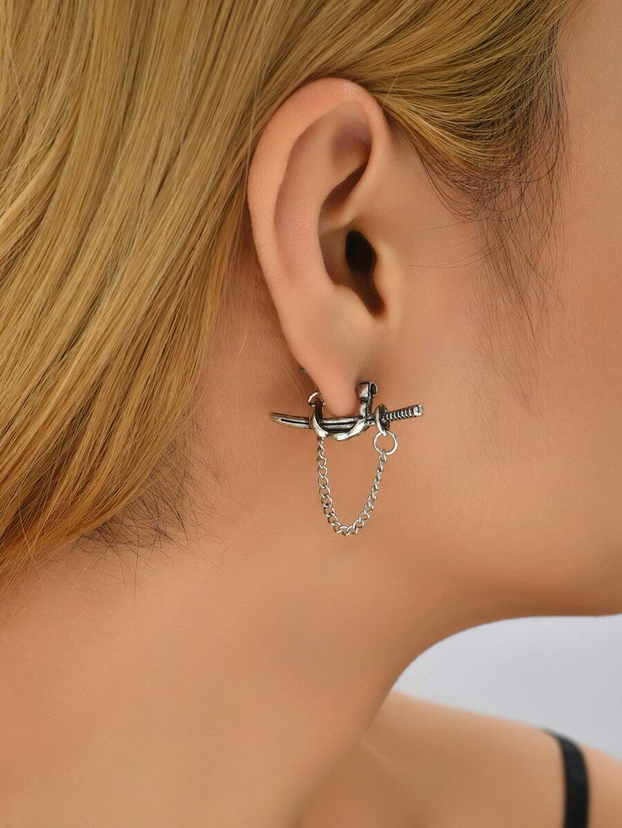 Sword Decor Chain Drop Earrings - Màu Bạc Cổ - Xem 1