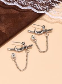 Sword Decor Chain Drop Earrings - Màu Bạc Cổ - Xem 4