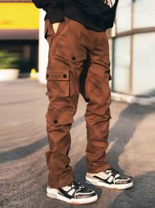 Manfinity EMRG Hombres Pantalones cargo con bolsillo con solapa de cintura con cordón - Óxido marrón - Ver 7