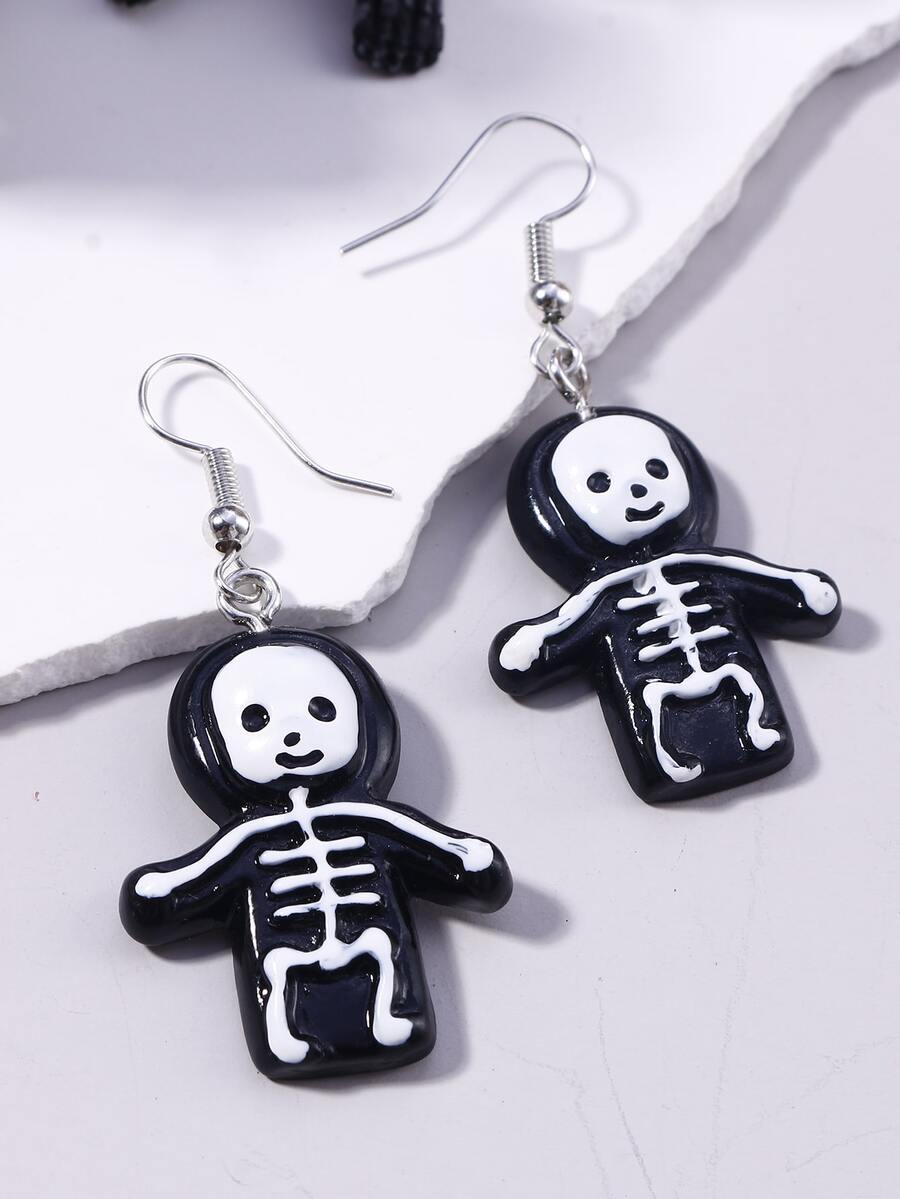 Pendientes largos con dibujos animados esqueleto - Blanco y Negro - Ver 1