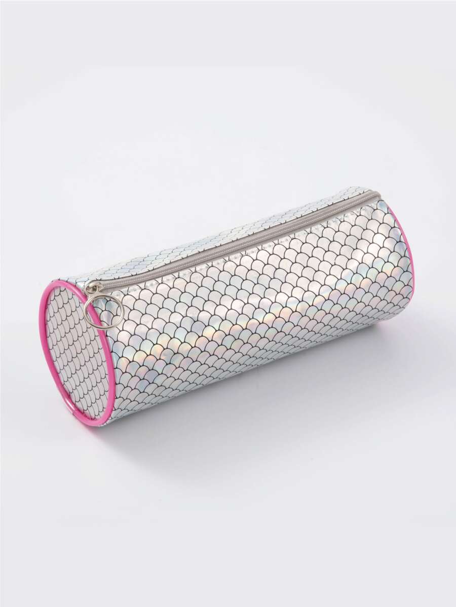 Holographic Fish Scale Print Contrast Piping Pencil Case - Silver - View 1