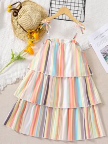 Girls Block Striped Bow Shoulder Layered Hem Cami Dress - Multicolor - View 1
