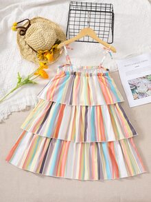 Girls Block Striped Bow Shoulder Layered Hem Cami Dress - Multicolor - View 2