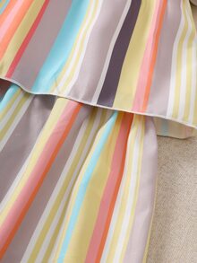 Girls Block Striped Bow Shoulder Layered Hem Cami Dress - Multicolor - View 3