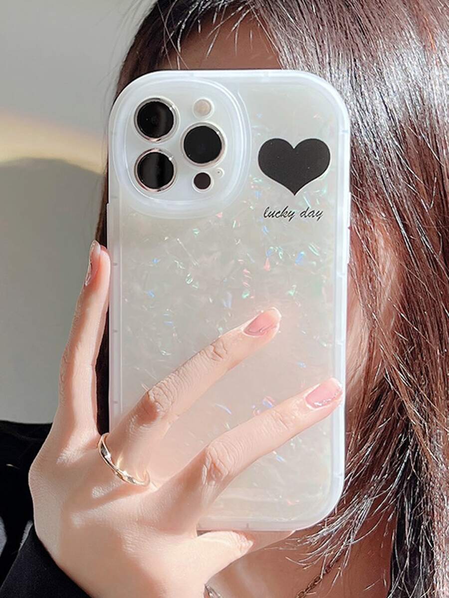 Heart Pattern Shell Glitter Phone Case - White - View 1