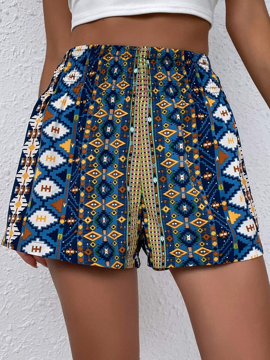 SHEIN Unity Allover Geo Print Shirred Waist Shorts - Multicolor - View 1