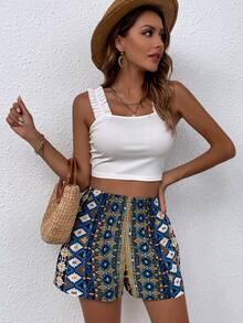 SHEIN Unity Allover Geo Print Shirred Waist Shorts - Multicolor - View 5