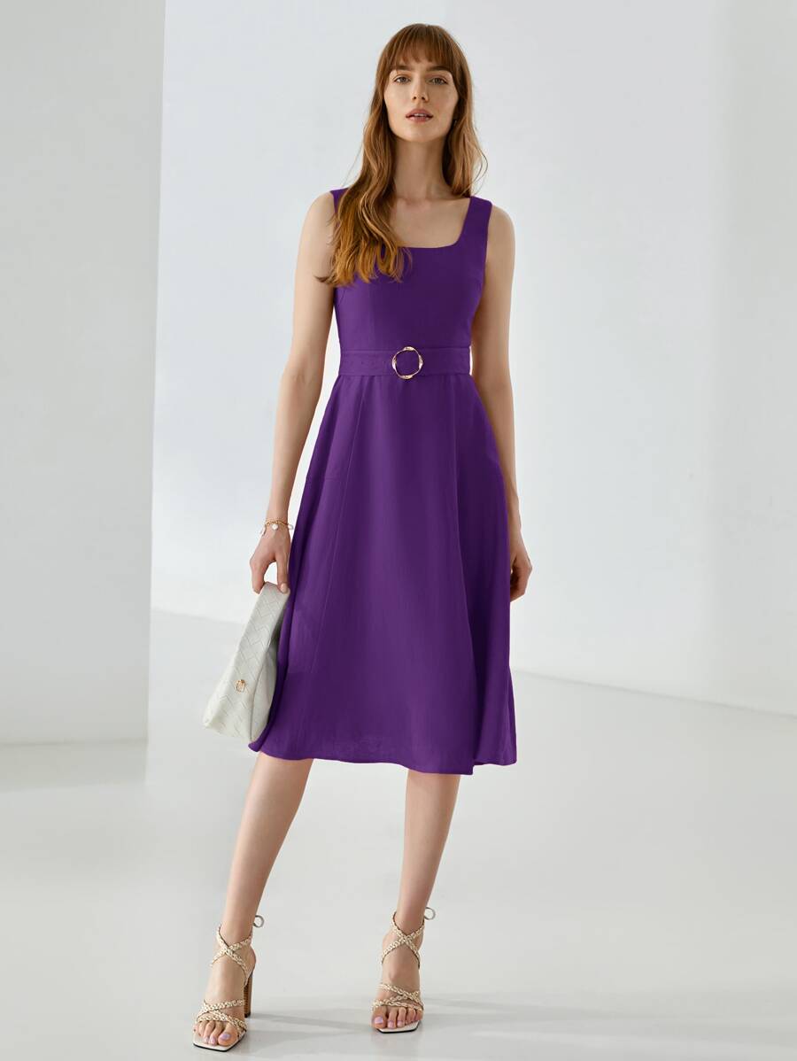 MOTF PREMIUM Vestido con cinturón 100% lino - Morado - Ver 1