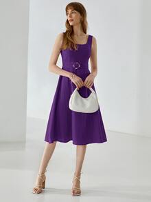 MOTF PREMIUM Vestido con cinturón 100% lino - Morado - Ver 7