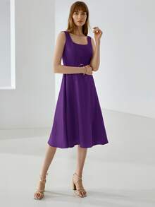 MOTF PREMIUM Vestido con cinturón 100% lino - Morado - Ver 8