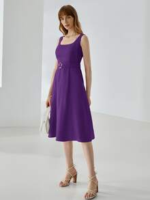 MOTF PREMIUM Vestido con cinturón 100% lino - Morado - Ver 10