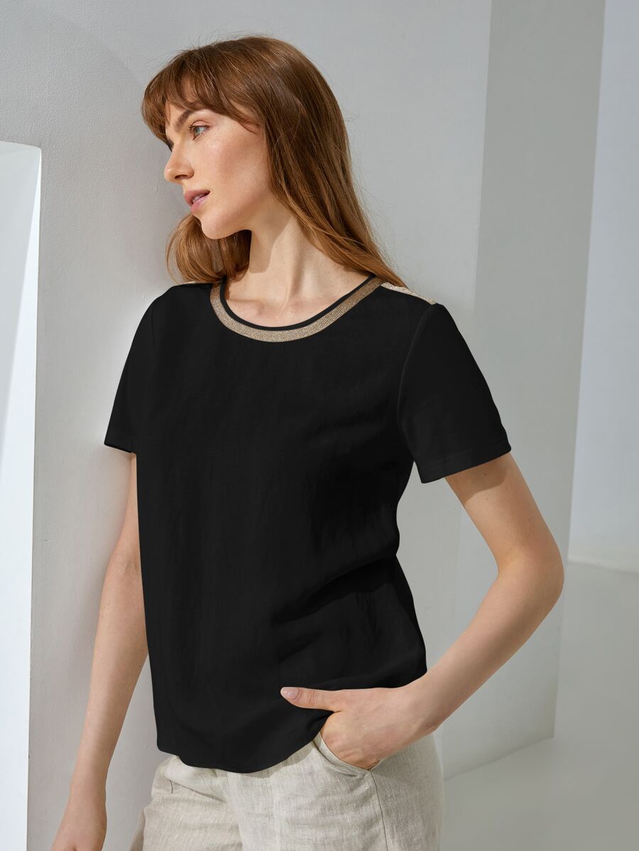 PREMIUM Camiseta con cinta de metal de lino - Negro - Ver 1