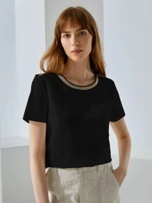 PREMIUM Camiseta con cinta de metal de lino - Negro - Ver 5