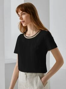 PREMIUM Camiseta con cinta de metal de lino - Negro - Ver 7