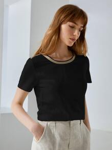 PREMIUM Camiseta con cinta de metal de lino - Negro - Ver 8