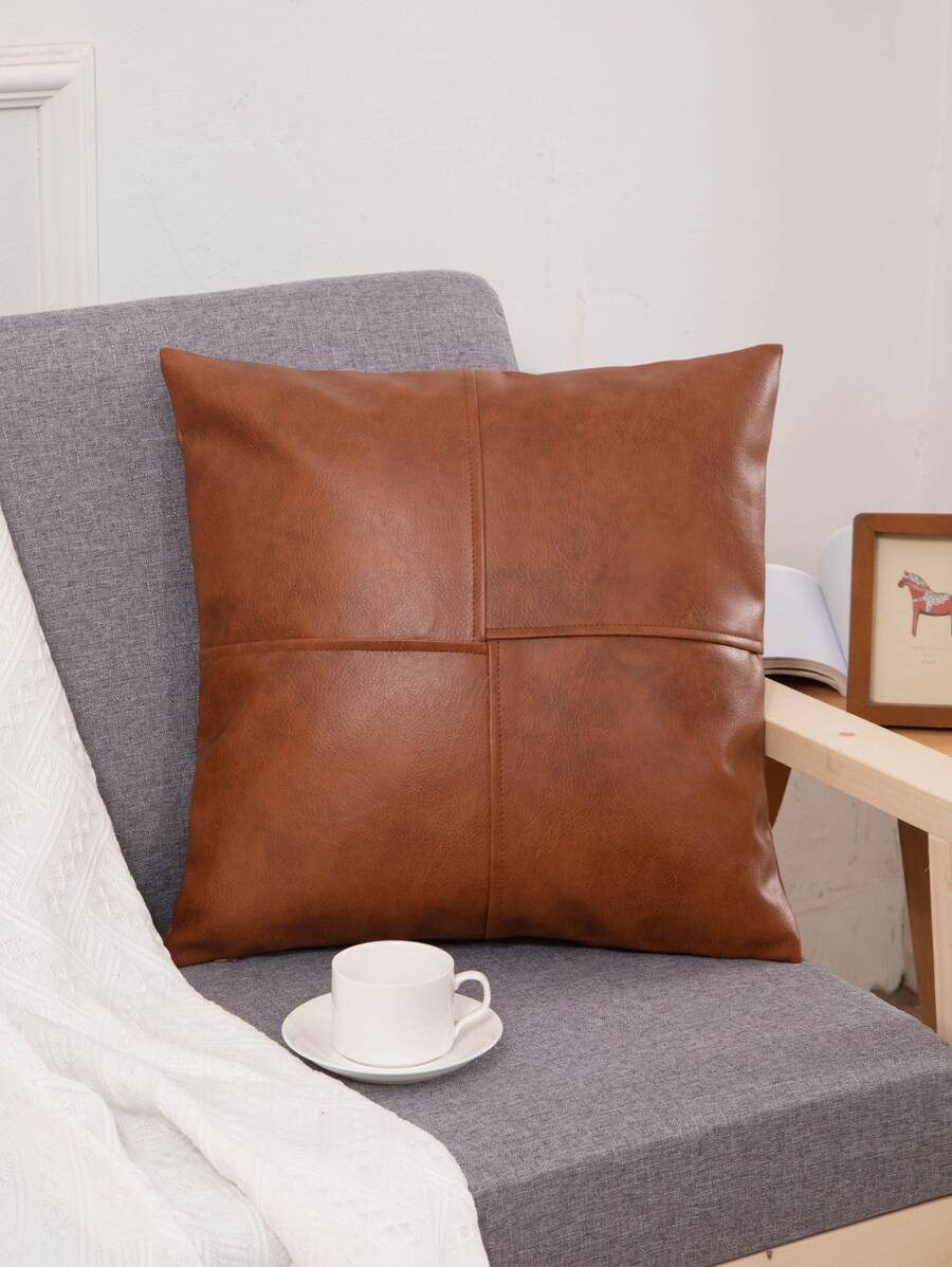Solid Color Luxury Cross-Stitch Faux Leather Throw Pillow Cover, Vintage Christmas Style Home Decor Sofa Cushion With Zipper Closure, Suitable For All Seasons, Applicable To Car, Living Room And Bedroom - Brown - View 1