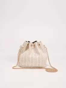 Mini Chain & Faux Pearl Decor Straw Bag - Beige - View 2