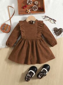 SHEIN Baby Ruffle Trim Round Neck Dress - Coffee Brown - View 1