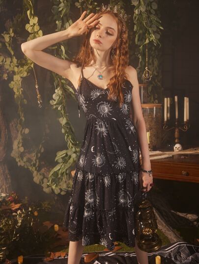 Hippie Sun & Moon Graphic Layered Cami Dress